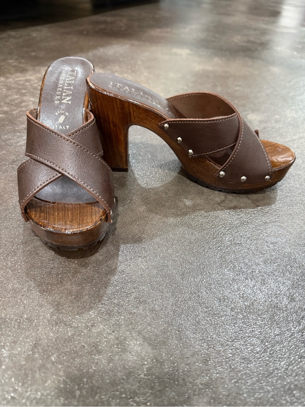 Italian Shoemakers Dark Brown Leather Clog Mules with Studs